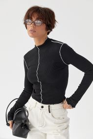 Лонгслів у рубчик з контрастними швами назовні - чорний цвет, L (є розміри)