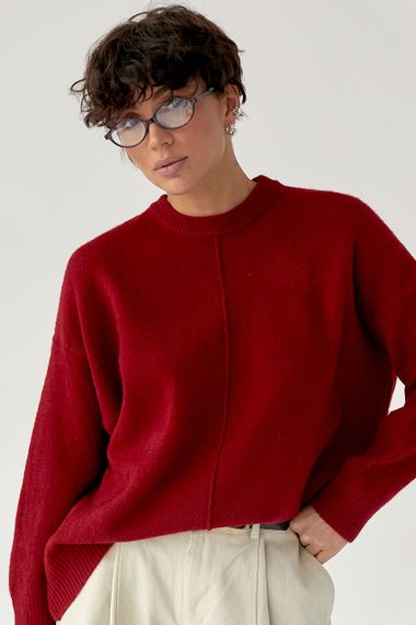 В'язана вільна кофта з декоративним швом - темно-червоний цвет, ONE SIZE (є розміри) | Зображення 4