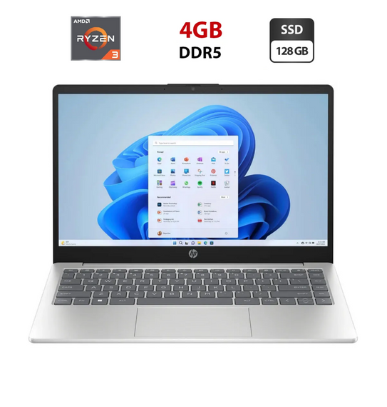 Ультрабук HP 14-em033nr / 14" (1366x768) TN / AMD Ryzen 3 7320U (4 (8) ядра по 2.4 - 4.1 GHz) / 4 GB DDR5 / 128 GB SSD M.2 / AMD Radeon 610M Graphics / WebCam / Windows 11 б/в