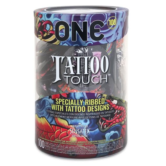 Набор презервативов ONE Tattoo Touch, 100 шт, с рельефом в виде тату, 3 разновидности, упаковка-тубус sexstyle