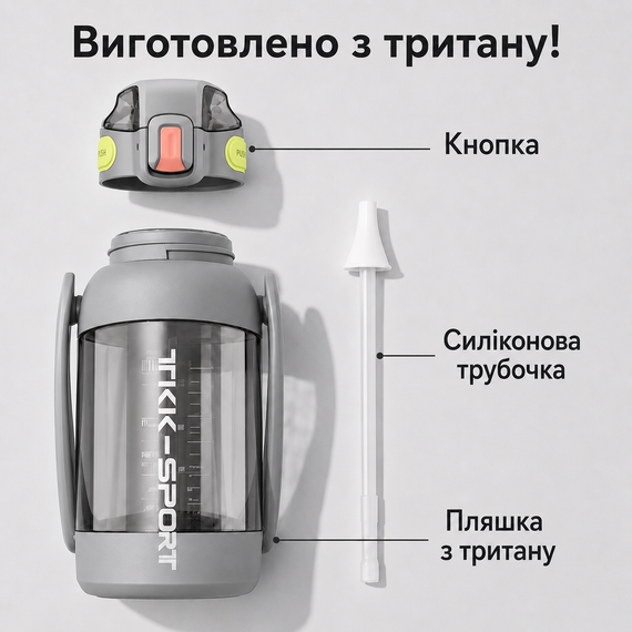 Бутылка TKK 1400 мл - Серая Tritan BPA-free, ударопрочная, спортивная с двойной системой переноски | Зображення 5
