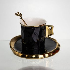 Чашка фарфоровая для кофе 200 (мл) с блюдцем и ложкой, красивая чашка в подарок Черный с золотом FM-1A