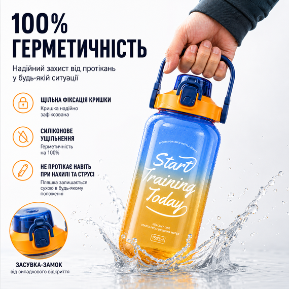 Спортивная бутылка для воды 1500 мл (1.5 л) с трубочкой и ремешком, Градиент Желто-Синий | Зображення 7