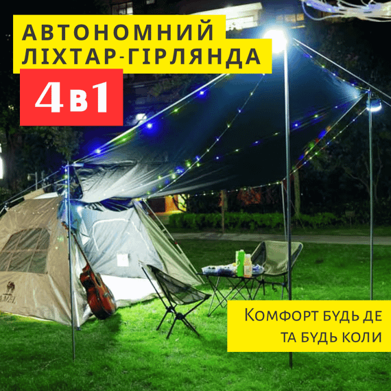 Сонячний Ліхтар-Прожектор 4-в-1 з Повербанком 5400 mAh, Вулична Гірлянда 10м на 8 режимів та LED-Лампа IPX4 | Зображення 1