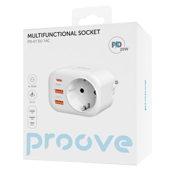 Багатофункціональна Розетка Proove Multifunctional Socket PD-01 EU 1AC (1 Type-C 20W + 2 USB) white | Зображення 1