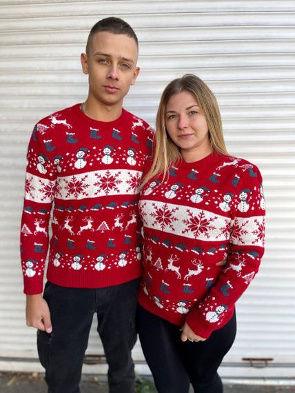 Мужской новогодний свитер Снеговик с оленями PA2656 цвет красный, размер XXL | Зображення 2