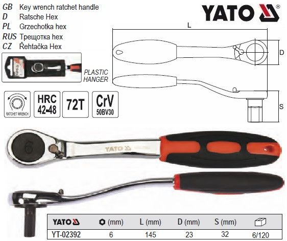 Трещотка ключ YATO Польша тріщатка шестигранна вигнута HEX6 HRC 42-48 YT-02392