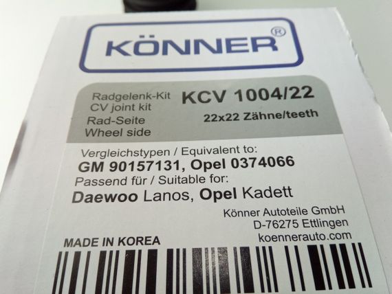 ШРУС Lanos 1.5 зовнішній Konner (KCV-1004/22) великий шліц (22 зуб.) (90157131) | Зображення 1