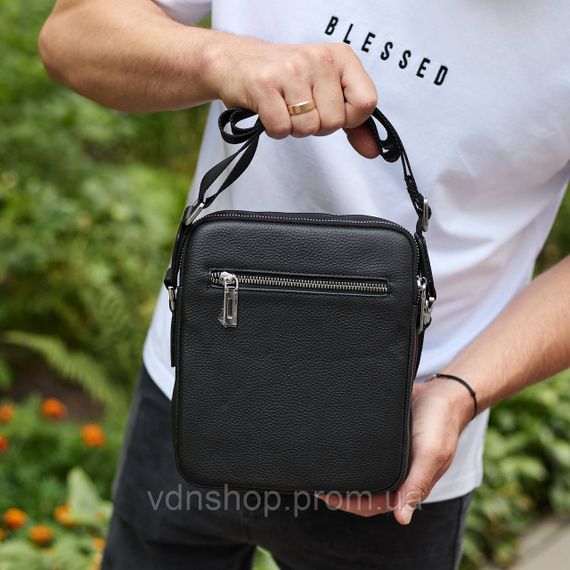 Мужская кожаная сумка-барсетка 24х20х8, компактная сумочка на плечо для мужчины, плечевой мессенджер, черная | Зображення 8