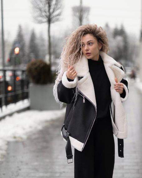Дубленка женская OVERSIZE с белым мехом, цвет черный S-M | Зображення 5