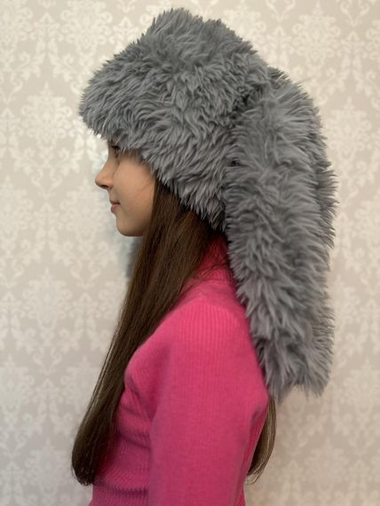 Пушистая шапка с ушками кролика  Серый One Size 54-57р (1278)