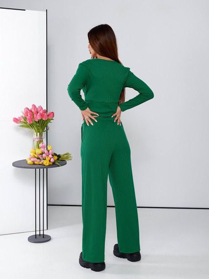 Женский костюм кроп-топ и свободные брюки палаццо трикотаж рубчик, UH376 размер 42/44, цвет черный | Зображення 1