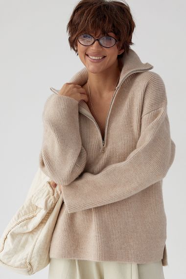 В'язаний светр із високою горловиною на блискавці - бежевий цвет, ONE SIZE (є розміри)