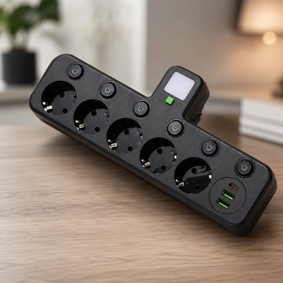 Мережевий фільтр 5 розеток + USB/адаптер на 5 розеток + USB з індивідуальними кнопками та LED-підсвіткою Чорний | Зображення 1