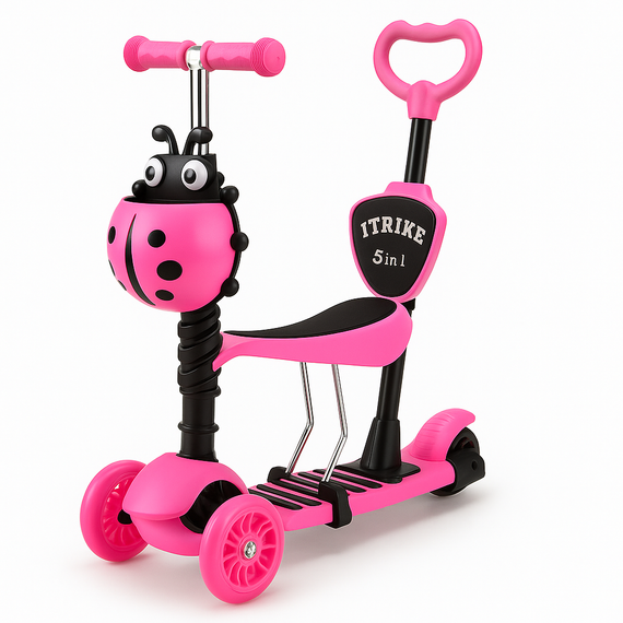 Самокат триколісний з сидінням та батьківською ручкою Сонечко 5 в 1 Pink OW-26