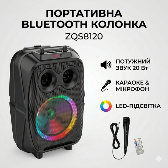 Портативна Bluetooth-колонка ZQS8120 з LED-підсвіткою, мікрофоном і FM-приймачем (20 Вт)