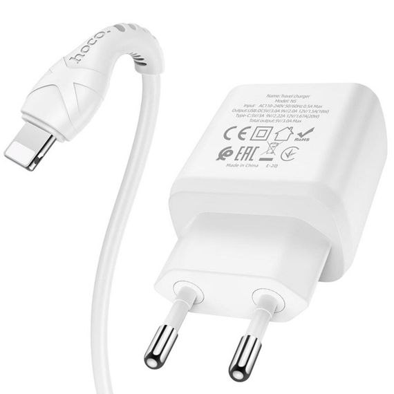 Мережевий зарядний пристрій HOCO N5 Favor dual port PD20W+QC3.0 charger set(C to iP) White | Зображення 4