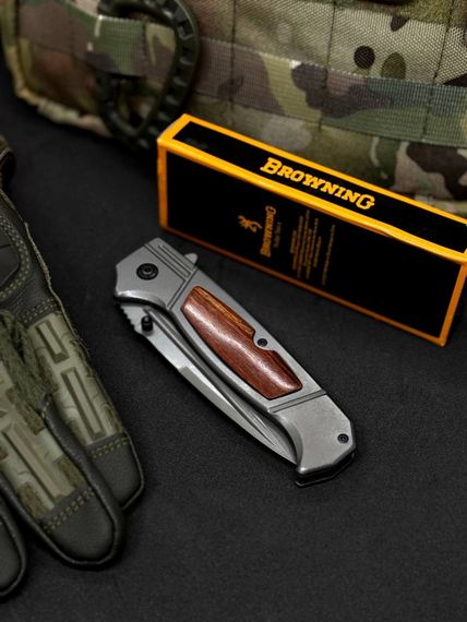Ніж Browning BR3 складний напівавтоматичний з деревʼяною накладкою на рукоятці чорний/коричневий | Зображення 2
