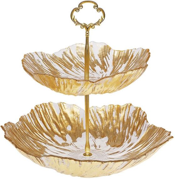 Блюдо скляне фуршетна стійка "Golden Flower" Ø20см + Ø25см, висота 26см