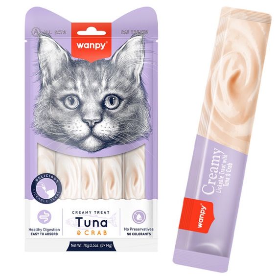 Рідкі ласощі для котів з тунцем та крабом Wanpy Creamy Lickable Treats Tuna & Crab, 5 шт х 14 гр