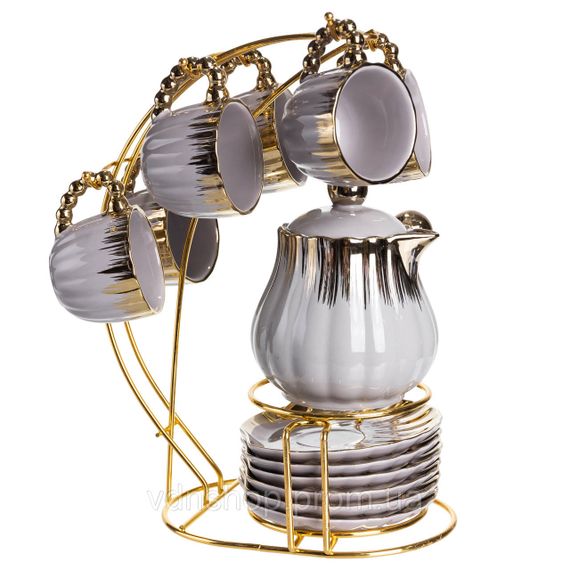 Кофейный сервиз на подставке с кофейником 450 (мл) 6 чашек по 90 (мл) подарочный набор чашек на подставке Серый с золотом FM-JJ-4 | Зображення 4