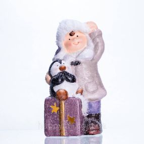 Новогодняя фигурка с подсветкой Девочка с пингвином из фарфора 9×10×19 (см) новогодний декор для дома, квартиры на подарок