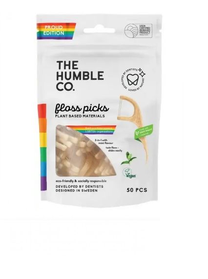 Флос дентальний Humble (DFP8069) з подвійною ниткою, з кукурудзяного крохмалю, з гострою ручкою, світлий, освіжаючий, 50шт. | Зображення 1