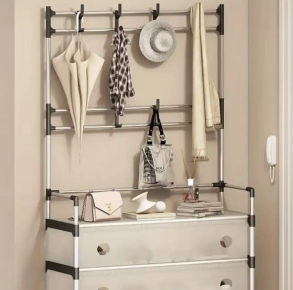 NEW Залізна вішалка для одягу + підставка для взуття, 2 в одному, 4 полиці Бежева | Зображення 1