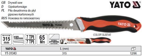 Ножiвка по гіпсокартону YATO Польща l=315 мм полотно l=180 мм t=15 мм 7 зуб/1" YT-31343