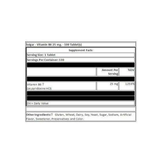 Пиридоксин Solgar Vitamin B6 25 mg 100 Veg Tabs | Зображення 1