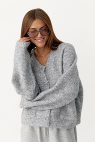 Теплий в'язаний кардиган із кишенями - сірий цвет, ONE SIZE (є розміри)