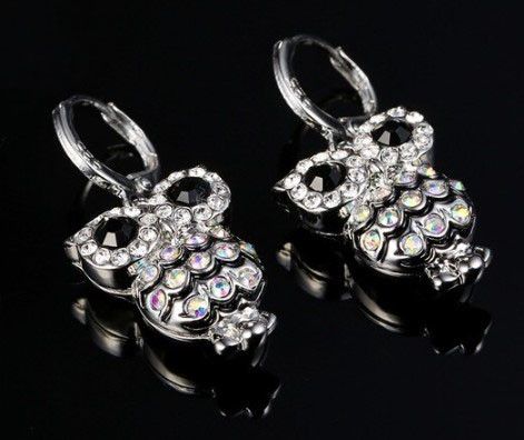 Сережки-підвіски Liresmina Jewelry срібляста сова з фіанітами та чорними очима, 3.3 см | Зображення 2