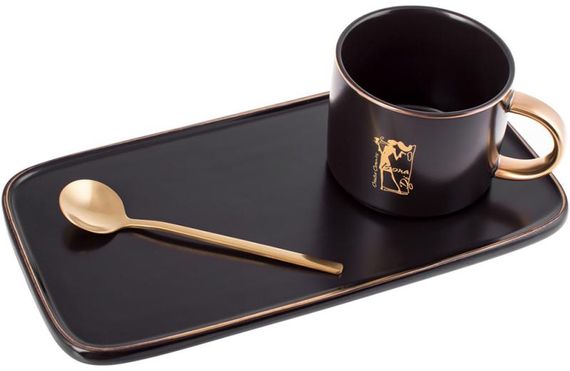 Кавовий набір Coffee Prelude "Bona" 200мл із тарілкою та ложкою, чорний