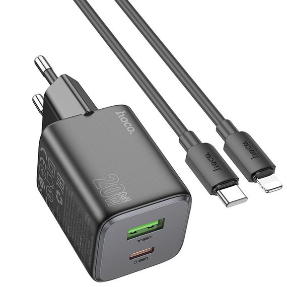 МЗП Hoco N41 Almighty PD20W+QC3.0 (1USB-A/1C) + кабель Type-C to Lightning Black | Зображення 3