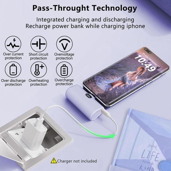 Портативний зарядний пристрій LUCKYDUO 5000mAh, компактний, з LED-ліхтариком та підставкою, PD15W, фіолетовий | Зображення 5