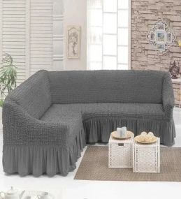 Сірий Турецька накидка на кутовий диван з оборкою, натяжний чохол на диван