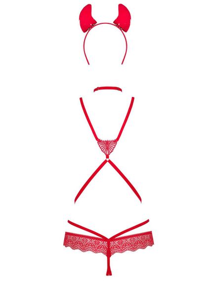 (SALE) Еротичний костюм чортика зі стреп Obsessive Evilia teddy red L/XL, боді, чокер, накладки на соски, о sexstyle | Зображення 3