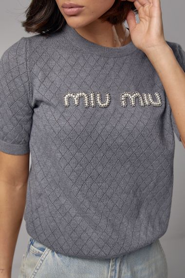 Ажурная футболка с надписью Miu Miu - серый цвет, S (есть размеры) | Зображення 3