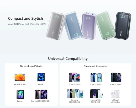 Зовнішній акумулятор Anker 533 PowerCore 30 Вт, 10000 мА·год, зелений - потужна та швидка зарядка у компактному корпусі | Зображення 2