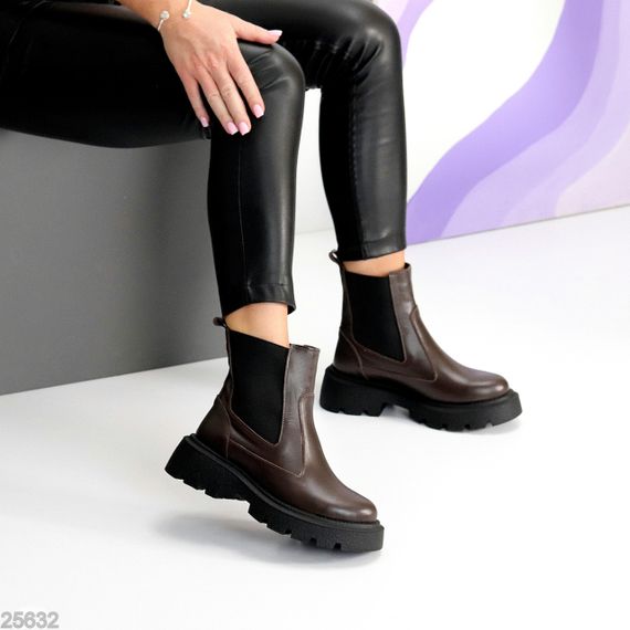 Зручні шкіряні шоколадні зимові черевики челсі з еластичною вставкою | Зображення 8
