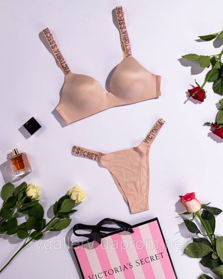 Подарунковий Комплект жіночої безшовної білизни Victoria`s Secret GOLD із золотими стразами в брендовій коробці | Зображення 1