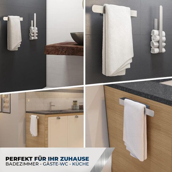 Тримач для рушників самоклеючий настінний 36 см до 10 кг, сріблястий для ванної та кухні нержавіюча сталь з клейкими смужками | Зображення 3