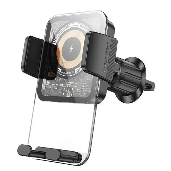 Автотримач BOROFONE BH209+ Wireless Charging 15W, кріплення на решітку, клямка 50-90мм, Black, Box