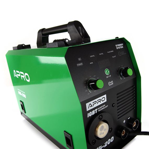 Сварочный полуавтомат инверторный APRO MIG-200, 20-200А, ел.5мм, пр.0.8-1мм 5кг 2.5+1.5+3м | Зображення 1