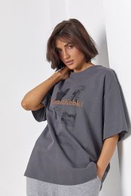 Однотонна жіноча футболка oversize з контрастним написом - темно-сірий цвет, ONE SIZE (є розміри)