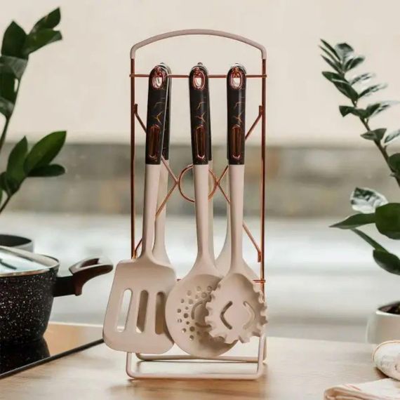 Набір кухонного приладдя на підставці 6 штук кухонні аксесуари Бежевий із чорною ручкою YRUR4 | Зображення 2