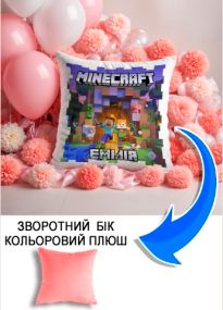 Подушка плюшева Мерч Крафт Дизайн з принтом minecraft 2 імя Емiлiя рожевий плюш квадратна 33х33 см