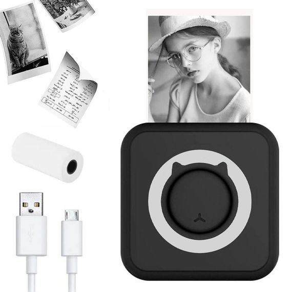 Карманный мини принтер с Bluetooth + рулон термобумаги, Черный / Детский термопринтер для фото / Портативный