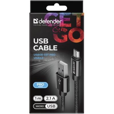 Кабель Defender USB08-03T PRO USB2.0, AM-MicroBM Black, 1m (87802) (87802) | Зображення 3