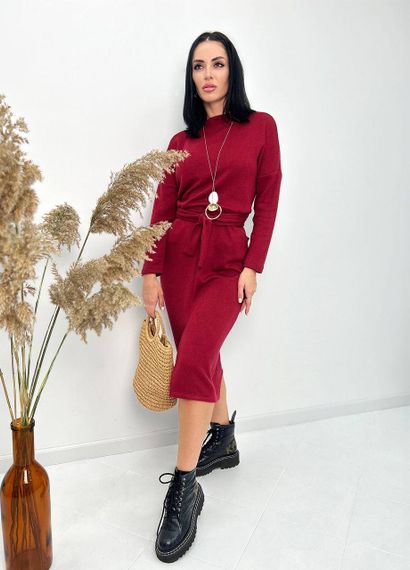 Женское теплое платье из двухсторонней ангоры с поясом GF08564 цвет бордовый, размер 50/52 | Зображення 1
